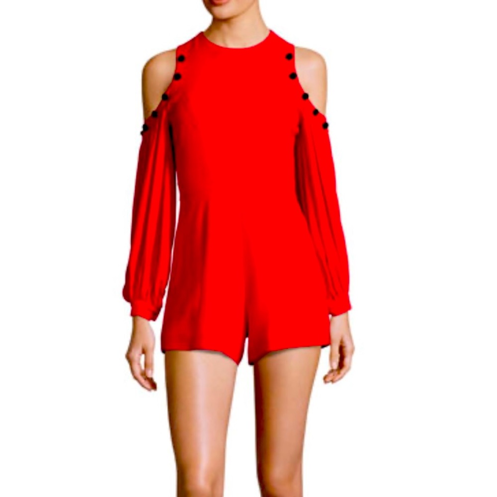 ALEXIS Asher Button Trim Cold Shoulder Jumpsuit Romper In Red Size S.